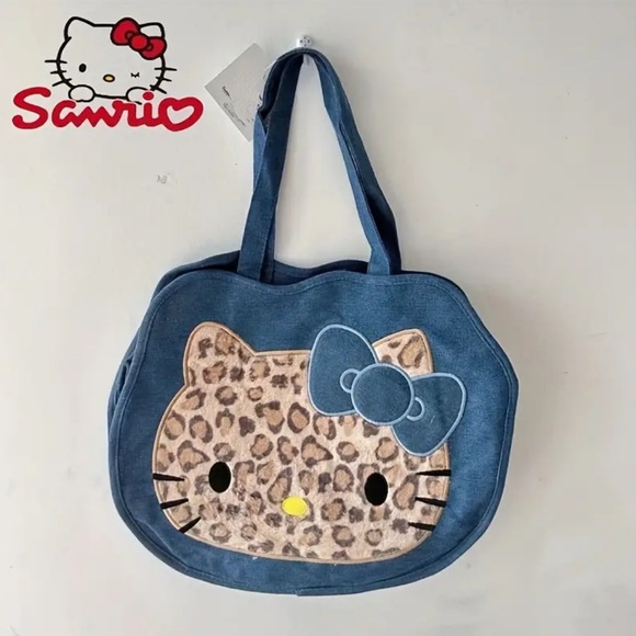 🆕 Hello Kitty Leopard Denim Tote Bag, Canvas Shoulder Large Capacity Women's - Picture 2 of 10